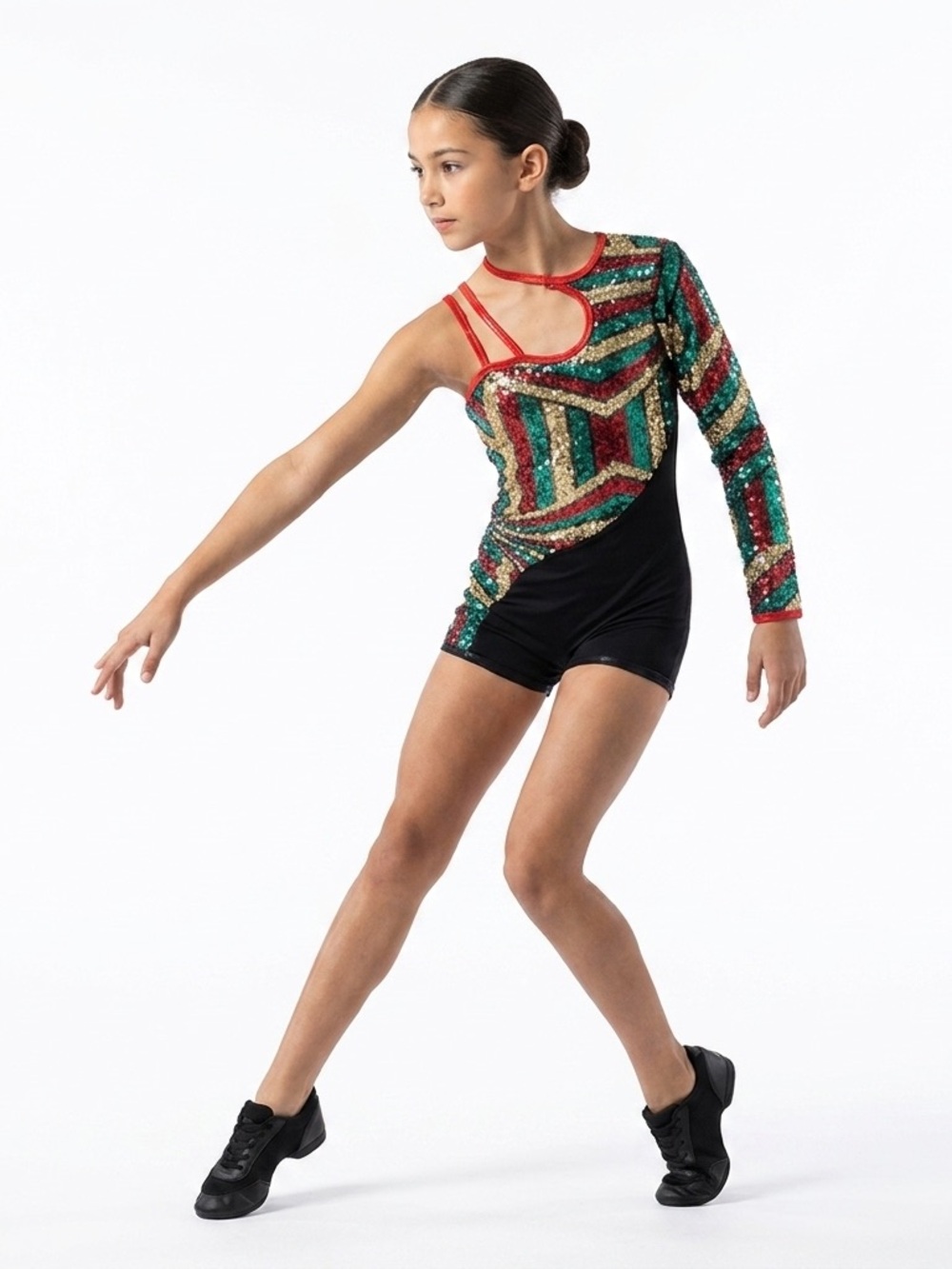 Curtain Call | Asymmetrical Black Biketard with Red Green Gold Sequin, CLA